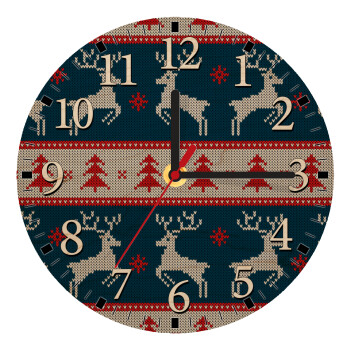 Χριστουγεννιάτικο πλεκτό ελάφια μπλε, Ρολόι τοίχου ξύλινο plywood (20cm)