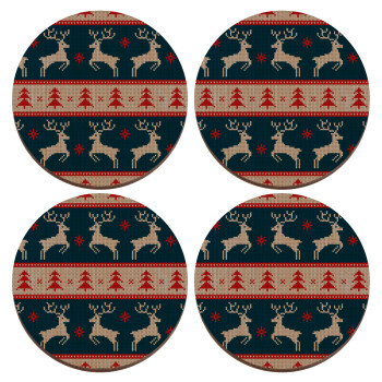 Χριστουγεννιάτικο πλεκτό ελάφια μπλε, ΣΕΤ x4 Σουβέρ ξύλινα στρογγυλά plywood (9cm)