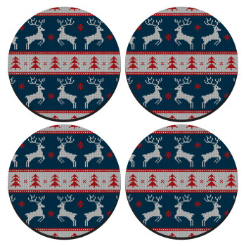 Χριστουγεννιάτικο πλεκτό ελάφια μπλε, ΣΕΤ 4 Σουβέρ ξύλινα στρογγυλά (9cm)