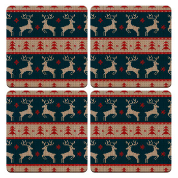 Deer knitted blue, ΣΕΤ x4 Σουβέρ ξύλινα τετράγωνα plywood (9cm)