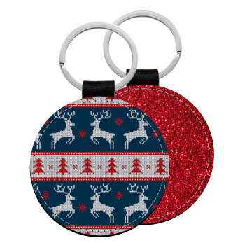 Χριστουγεννιάτικο πλεκτό ελάφια μπλε, Μπρελόκ Δερματίνη, στρογγυλό ΚΟΚΚΙΝΟ (5cm)