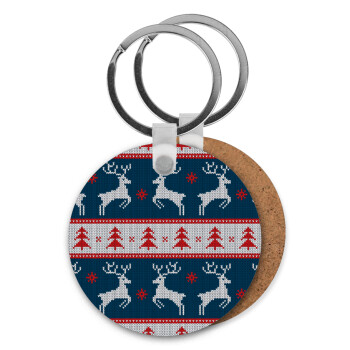 Χριστουγεννιάτικο πλεκτό ελάφια μπλε, Μπρελόκ Ξύλινο στρογγυλό MDF Φ5cm