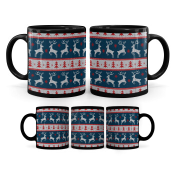 Χριστουγεννιάτικο πλεκτό ελάφια μπλε, Κούπα Μαύρη, κεραμική, 330ml