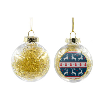 Deer knitted blue, Χριστουγεννιάτικη μπάλα δένδρου διάφανη με χρυσό γέμισμα 8cm