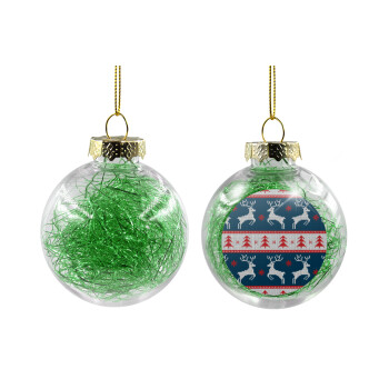 Χριστουγεννιάτικο πλεκτό ελάφια μπλε, Χριστουγεννιάτικη μπάλα δένδρου διάφανη με πράσινο γέμισμα 8cm