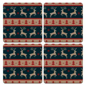 Deer knitted blue, ΣΕΤ x4 Σουβέρ ξύλινα τετράγωνα plywood (9cm)