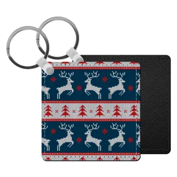 Deer knitted blue, Μπρελόκ Δερματίνη, τετράγωνο ΜΑΥΡΟ (5x5cm)