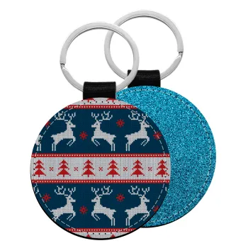 Deer knitted blue, Μπρελόκ Δερματίνη, στρογγυλό ΜΠΛΕ (5cm)