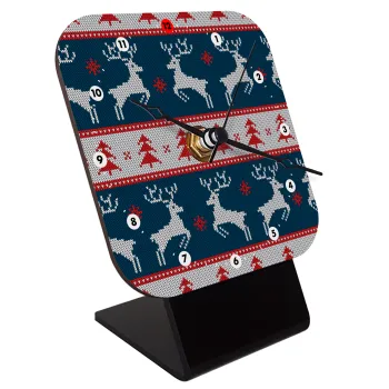 Χριστουγεννιάτικο πλεκτό ελάφια μπλε, Επιτραπέζιο ρολόι ξύλινο με δείκτες (10cm)