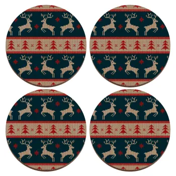 Χριστουγεννιάτικο πλεκτό ελάφια μπλε, ΣΕΤ x4 Σουβέρ ξύλινα στρογγυλά plywood (9cm)