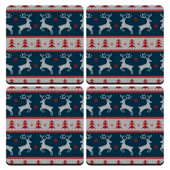 Deer knitted blue, ΣΕΤ 4 Σουβέρ ξύλινα τετράγωνα (9cm)