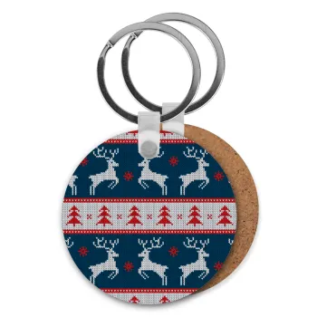 Χριστουγεννιάτικο πλεκτό ελάφια μπλε, Μπρελόκ Ξύλινο στρογγυλό MDF Φ5cm