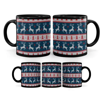 Χριστουγεννιάτικο πλεκτό ελάφια μπλε, Κούπα Μαύρη, κεραμική, 330ml