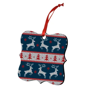 Deer knitted blue, Christmas ornament polygon wooden 7.5cm