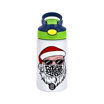 Santa wear mask, Children's hot water bottle, stainless steel, with safety straw, green, blue (350ml)