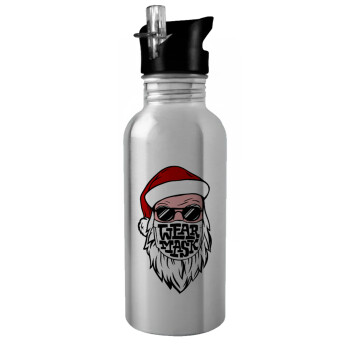 Santa wear mask, Water bottle Silver with straw, stainless steel 600ml