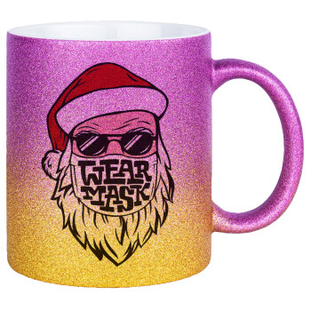 Άγιος Βασίλης με μάσκα, Κούπα Χρυσή/Ροζ Glitter, κεραμική, 330ml