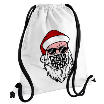 Άγιος Βασίλης με μάσκα, Τσάντα πλάτης πουγκί GYMBAG λευκή, με τσέπη (40x48cm) & χονδρά κορδόνια