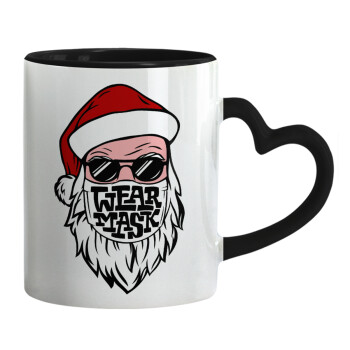 Santa wear mask, Mug heart black handle, ceramic, 330ml