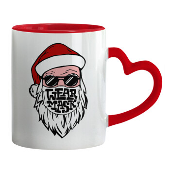 Άγιος Βασίλης με μάσκα, Κούπα καρδιά χερούλι κόκκινη, κεραμική, 330ml
