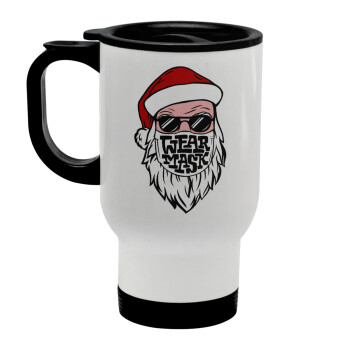 Santa wear mask, Stainless steel travel mug with lid, double wall white 450ml