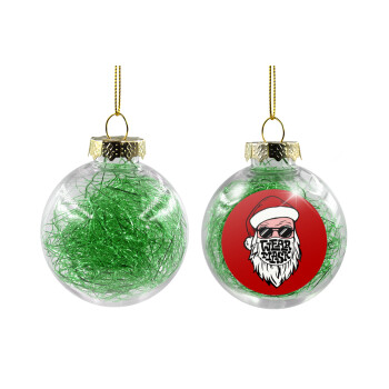 Άγιος Βασίλης με μάσκα, Χριστουγεννιάτικη μπάλα δένδρου διάφανη με πράσινο γέμισμα 8cm