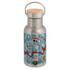 Stainless steel metallic thermos flask, silver with a bamboo lid, double-walled, 350ml.