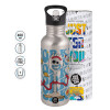 Water bottle Silver with straw, stainless steel 600ml