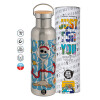 Stainless steel Silver with wooden lid (bamboo), double wall, 750ml