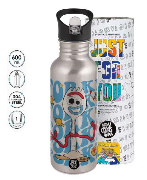 Forky — Παγούρι νερού Ασημένιο με καλαμάκι, ανοξείδωτο ατσάλι 600ml