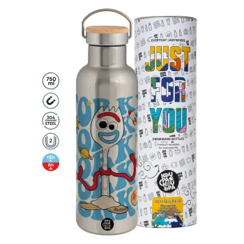Forky, Μεταλλικό παγούρι θερμός (Stainless steel) Ασημένιο με ξύλινο καπακι (bamboo), διπλού τοιχώματος, 750ml