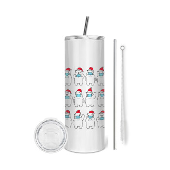 Polar bear facemask, Eco friendly stainless steel tumbler 600ml, with metal straw & cleaning brush