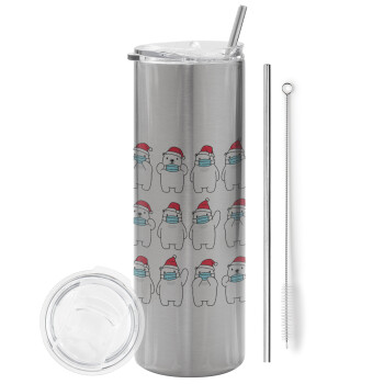 Polar bear facemask, Eco friendly stainless steel Silver tumbler 600ml, with metal straw & cleaning brush