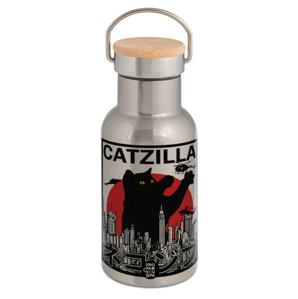 Black Cat — Stainless steel metallic thermos flask, silver with a bamboo lid, double-walled, 350ml.