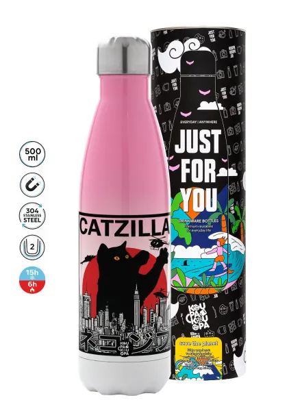 Black Cat — Metal mug thermos Pink/White (Stainless steel), double wall, 500ml