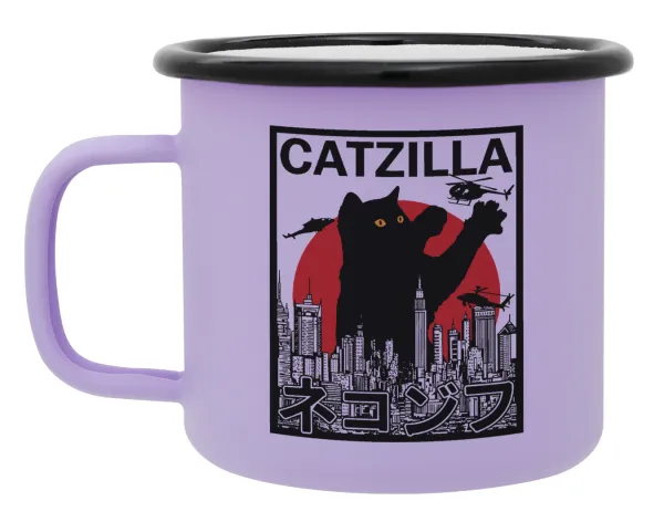 Black Cat — Metal enamel mug, matte light pastel purple, 360ml