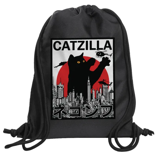 CATZILLA — Τσάντα πλάτης πουγκί GYMBAG Μαύρη, με τσέπη (40x48cm) & χονδρά κορδόνια