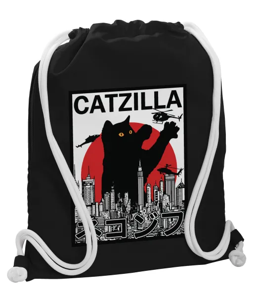 Black Cat — Backpack pouch GYMBAG Black, with pocket (40x48cm) & thick white cords
