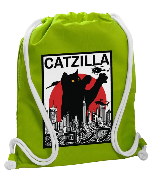 CATZILLA — Τσάντα πλάτης πουγκί GYMBAG LIME GREEN, με τσέπη (40x48cm) & χονδρά κορδόνια