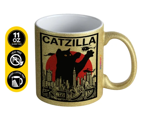 CATZILLA — Κούπα Χρυσή Glitter που γυαλίζει, κεραμική, 330ml