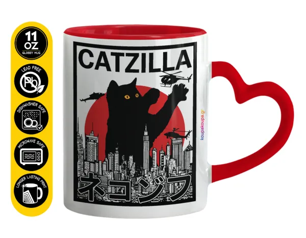 CATZILLA — Κούπα καρδιά χερούλι κόκκινη, κεραμική, 330ml