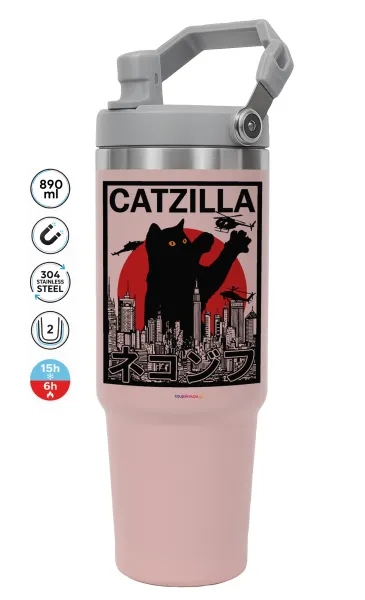 CATZILLA — ΡΟΖ Travel Tumbler Θερμός με χερούλι και καλαμάκι 890ml