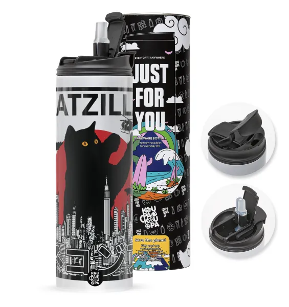 CATZILLA — Travel Tumbler θερμό με διπλό καπάκι, μεταλλικό καλαμάκι και βούρτσα καθαρισμού (Ανωξείδωτο 304 Food grade, BPA free, 600ml)