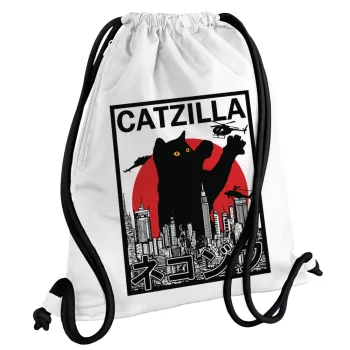 CATZILLA, Τσάντα πλάτης πουγκί GYMBAG λευκή, με τσέπη (40x48cm) & χονδρά κορδόνια