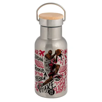 Jordan, Μεταλλικό παγούρι θερμός (Stainless steel) Ασημένιο με ξύλινο καπακι (bamboo), διπλού τοιχώματος, 350ml