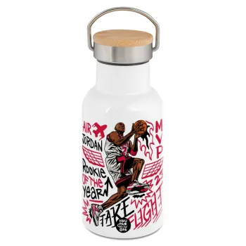 Jordan, Metallic thermos (Stainless steel) White with wooden lid (bamboo), double-walled, 350ml