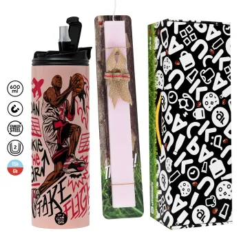 Jordan, Πασχαλινή Λαμπάδα με  ΡΟΖ Travel Tumbler θερμό (600ml, BPA free) & κερί αρωματικό πλακέ (30cm) (ΡΟΖ)