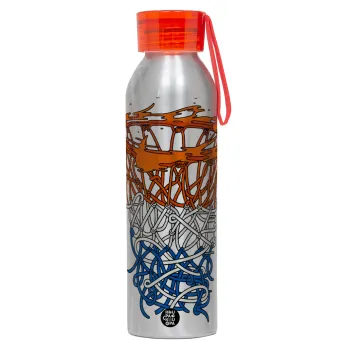 Basket net, Aluminum Sports Bottle 650ml – Silver with Red Cap and Silicone Strap
