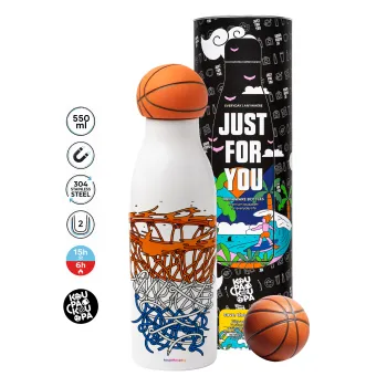 Basket net, Μπάλα μπάσκετ μεταλλικό παγούρι θερμός, διπλού τοιχώματος, 550ml