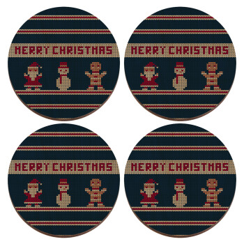 Merry christmas knitted, ΣΕΤ x4 Σουβέρ ξύλινα στρογγυλά plywood (9cm)